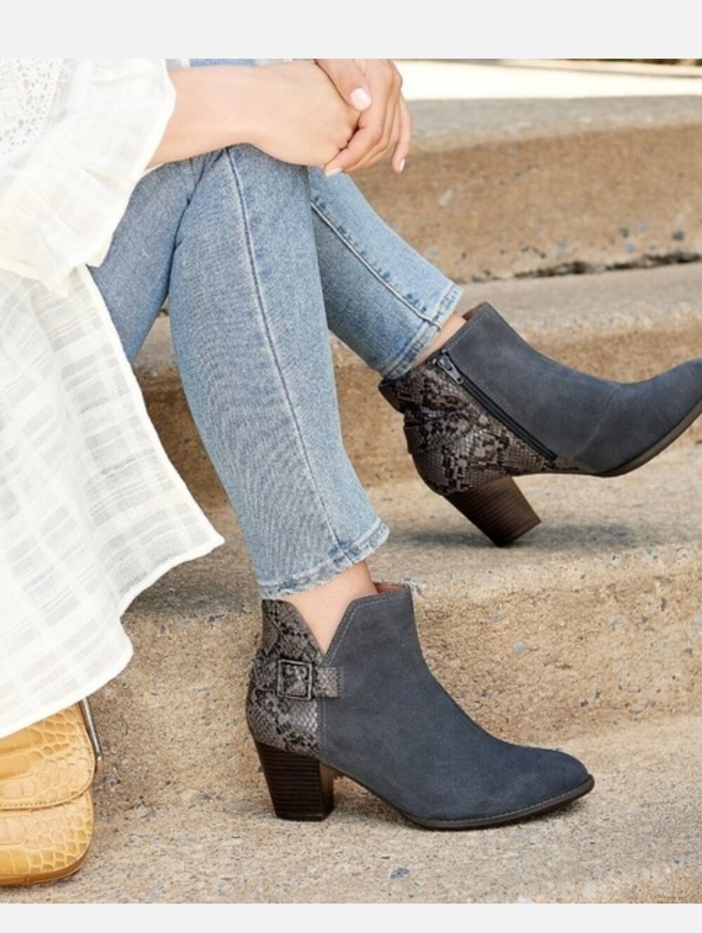 Vionic Gray Suede Ankle Booties with Snakeskin Trim